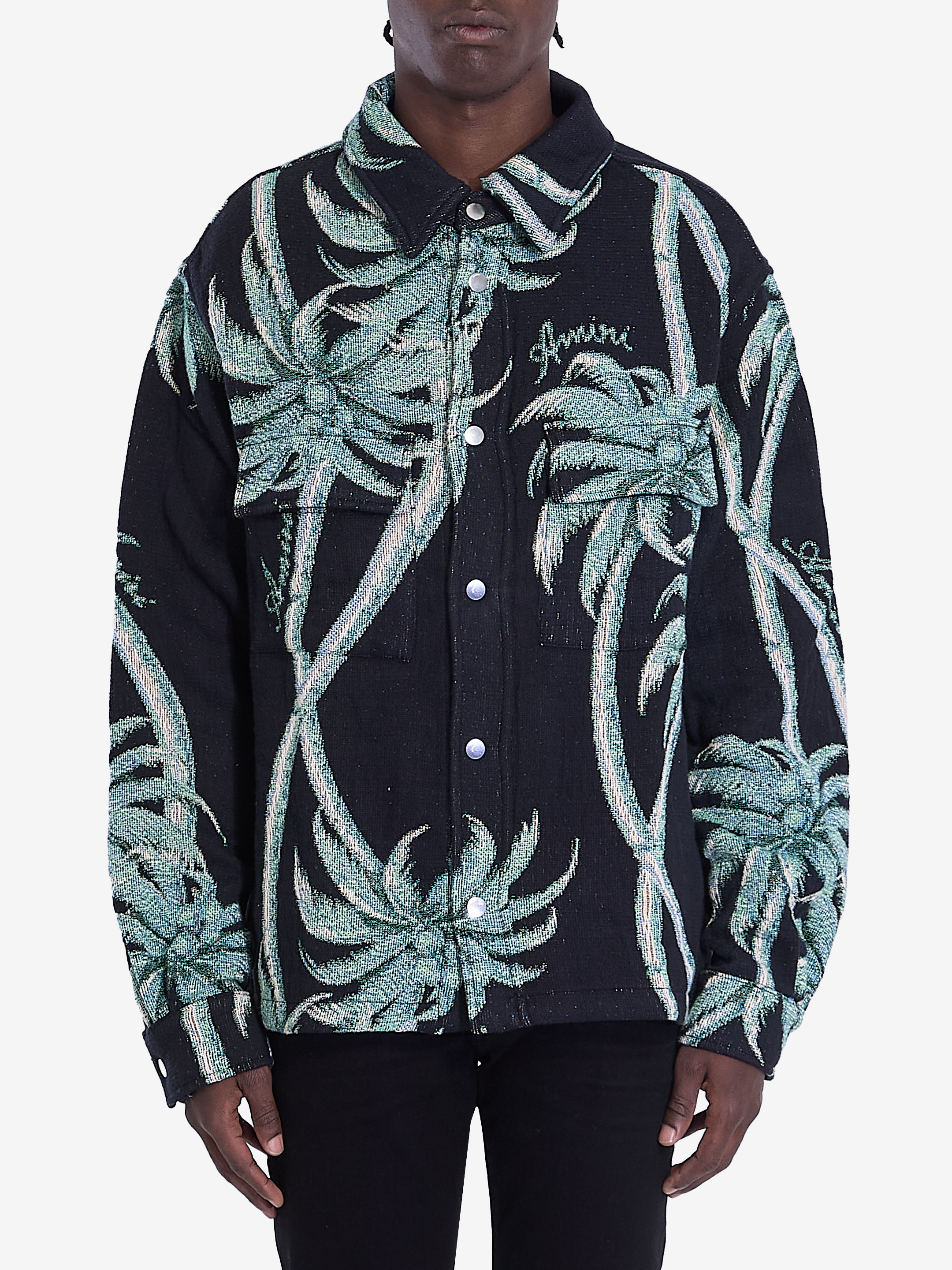 Shop Amiri Twisted Palms Tapestry Overshirt In Black