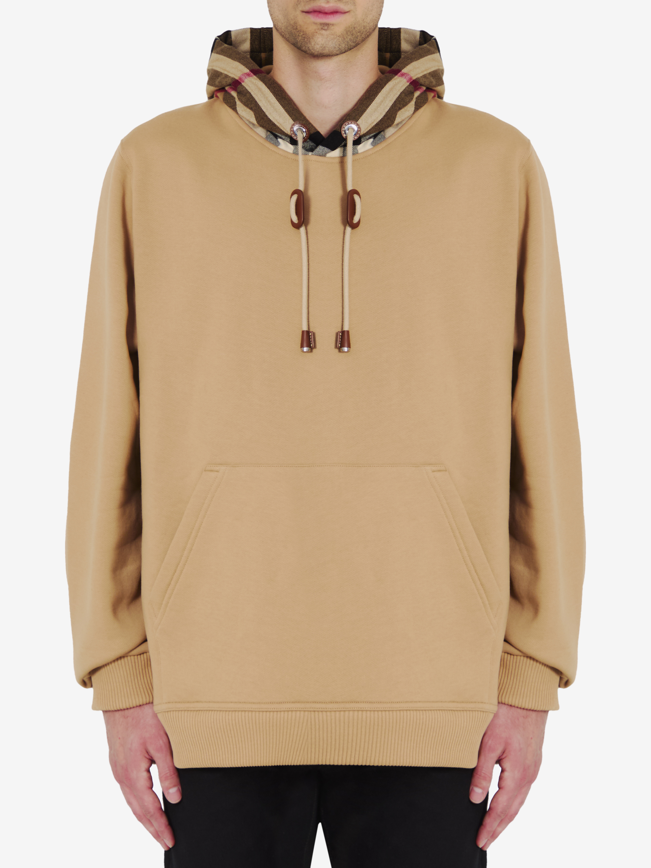 Shop Burberry Check Cotton Blend Hoodie In Beige