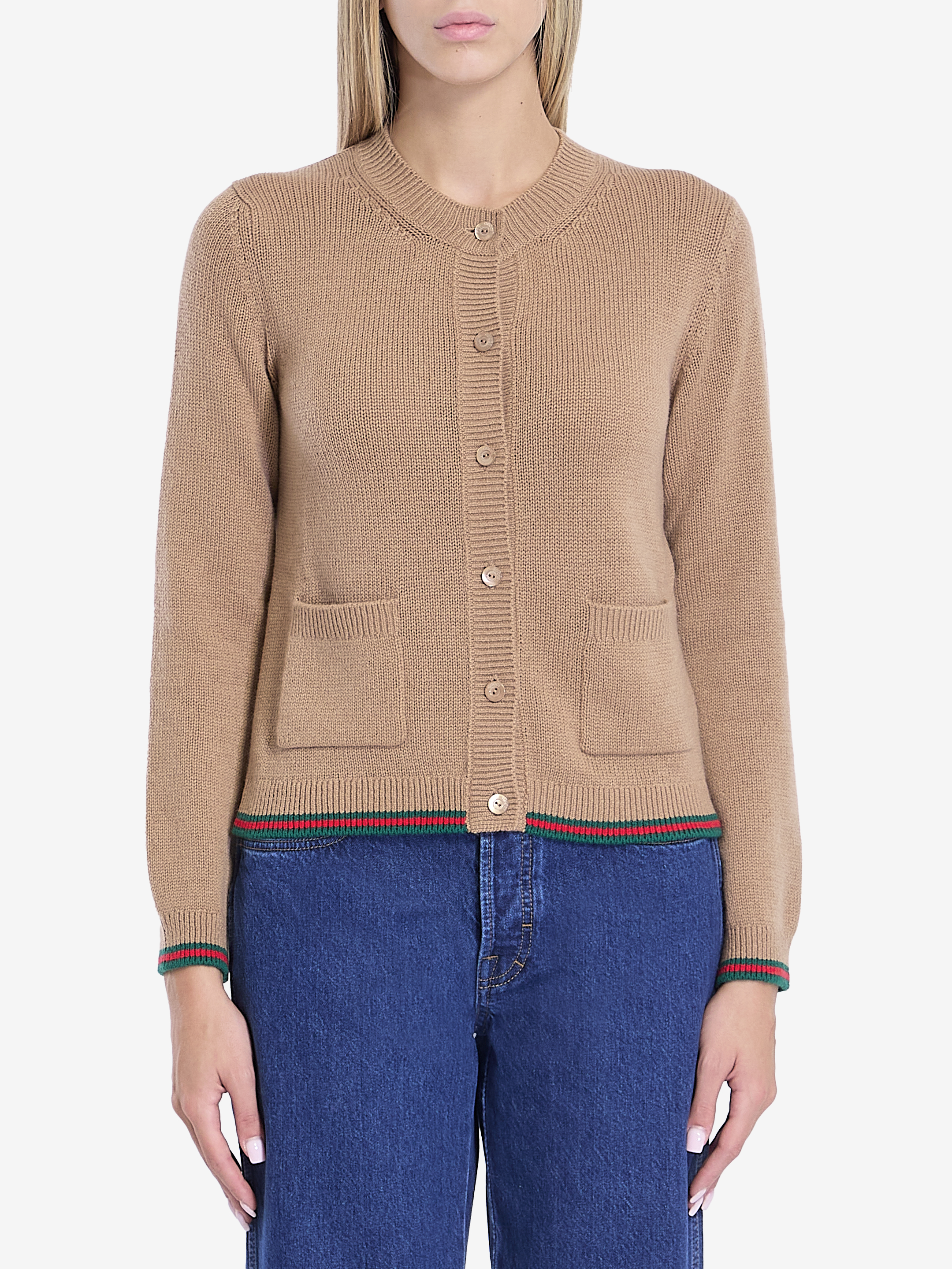 Shop Gucci Cardigan With Web Trims In Beige