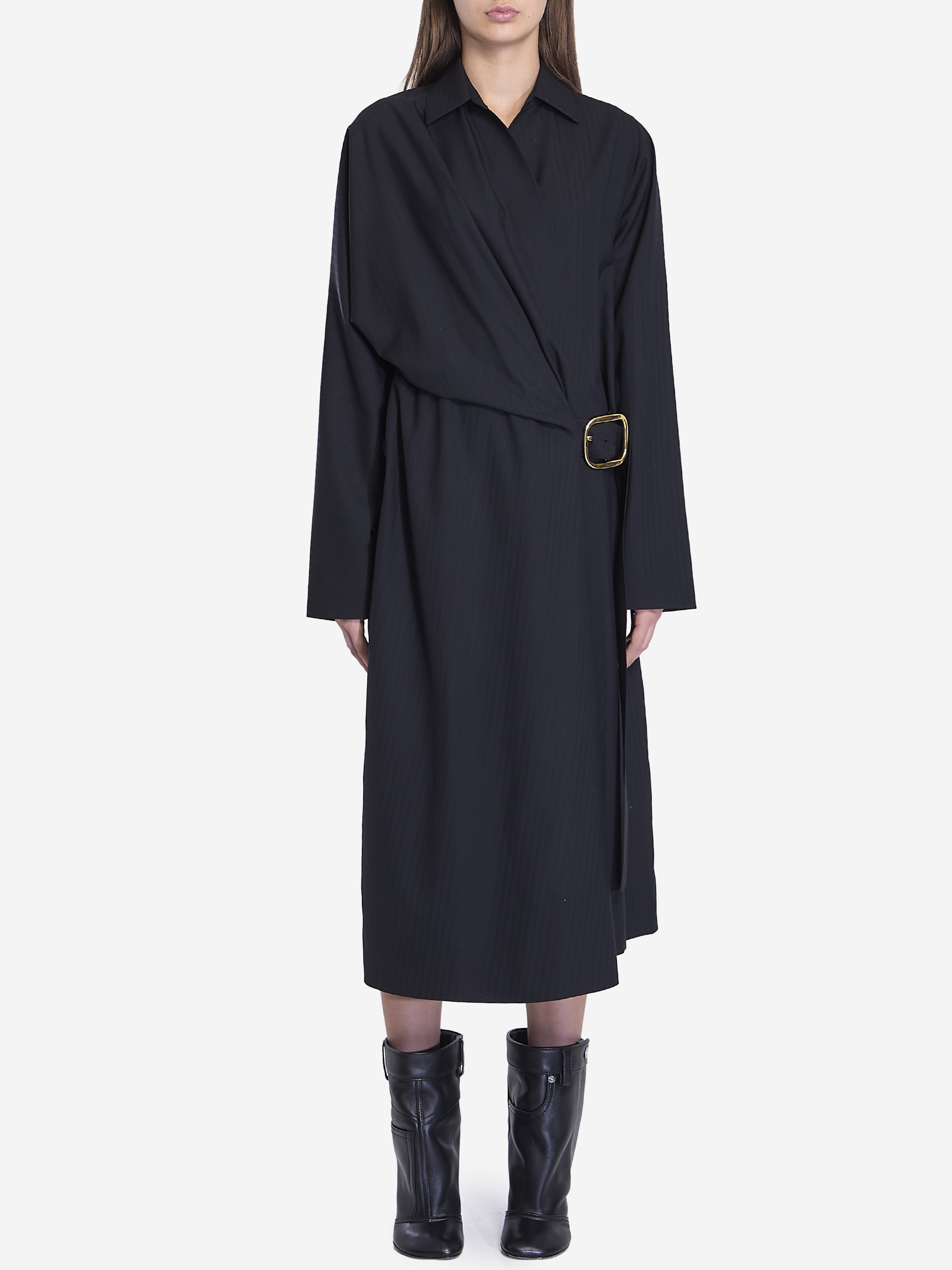 Shop Loewe Belted Wool Dress In Black