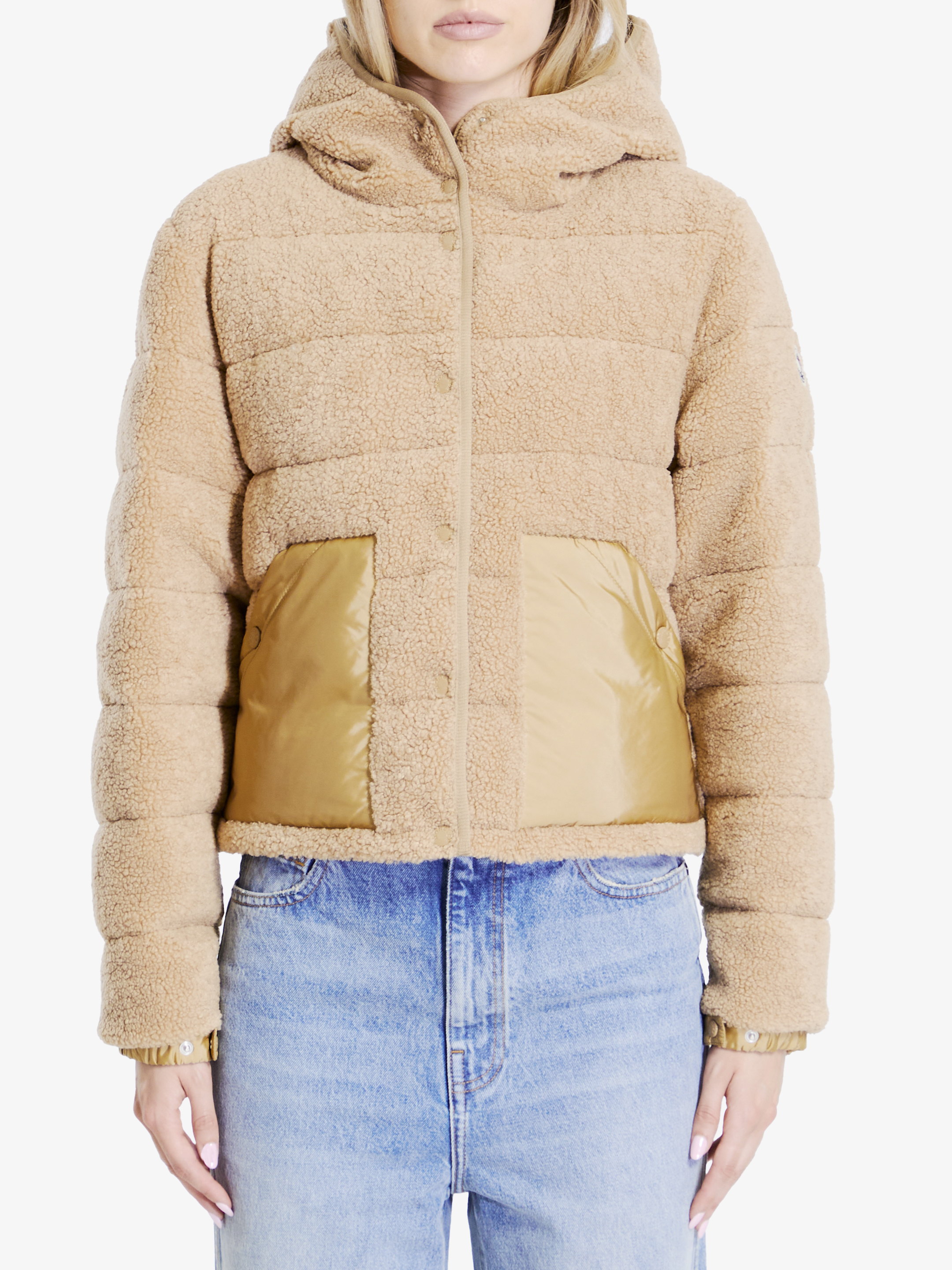 Shop Moncler Audrieu Short Down Jacket In Beige