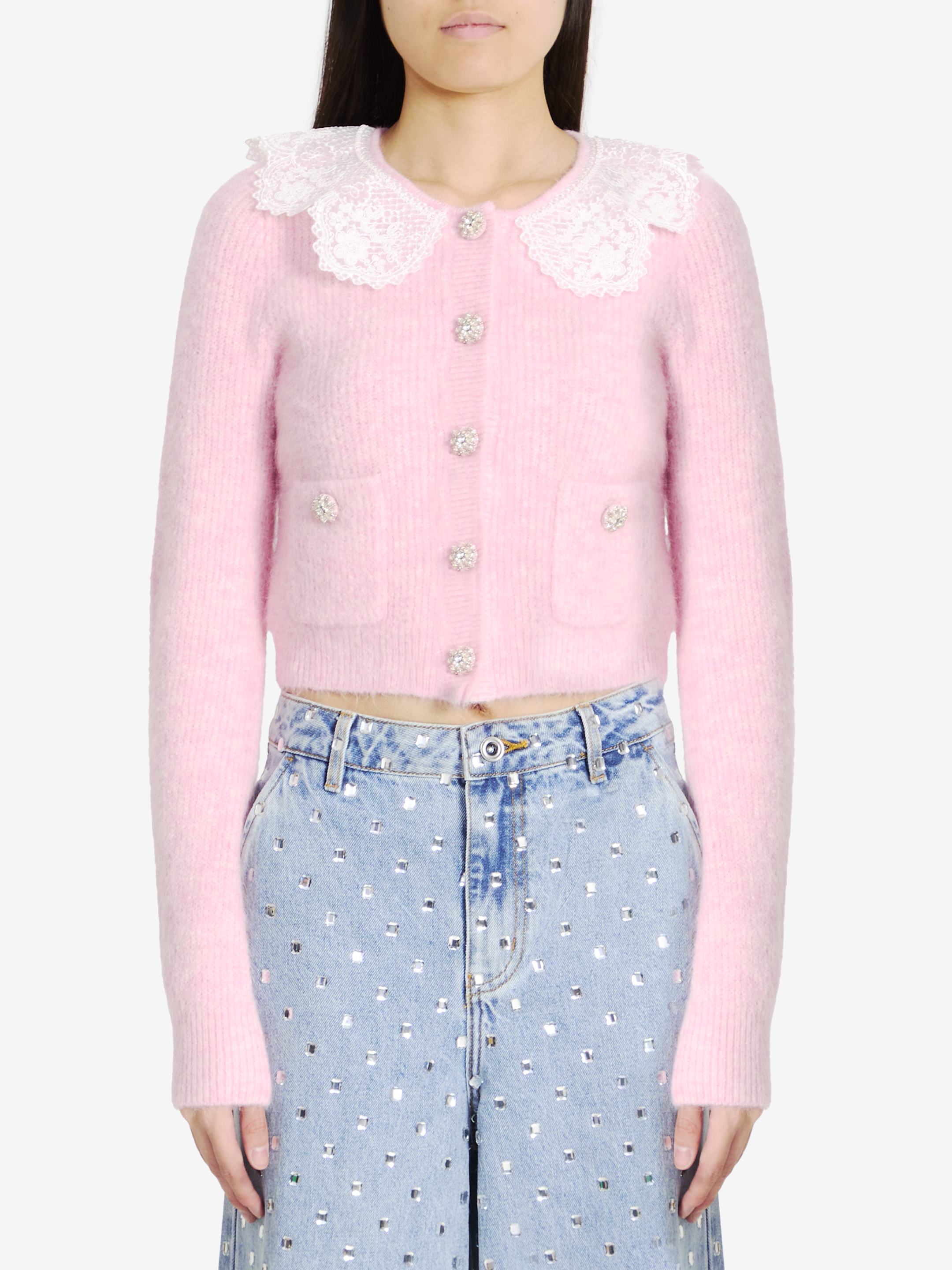 Shop Self-portrait Fluffy Knit Cardigan In Pink