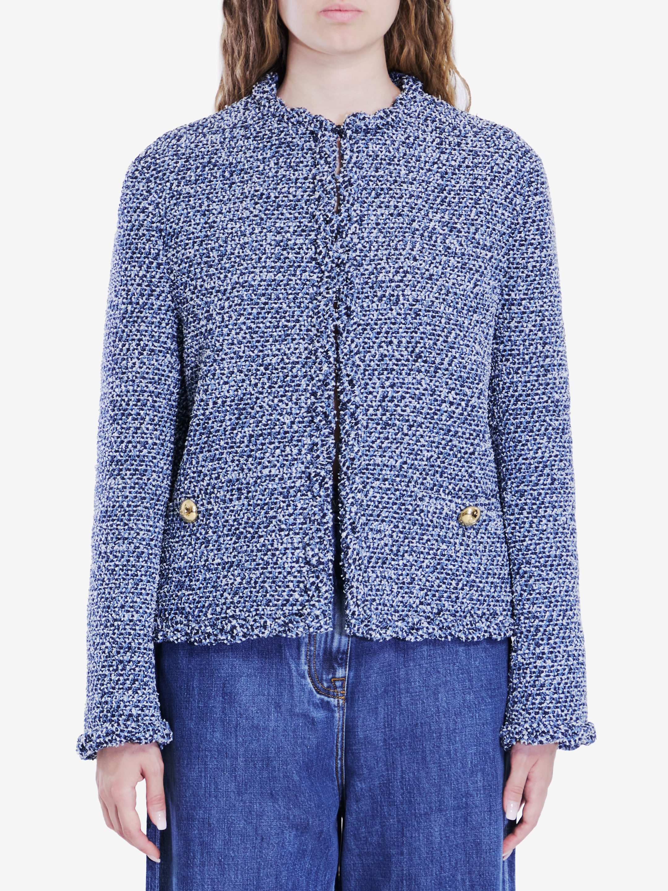 Shop Valentino Denim Textured Tweed Jacket In Light Blue