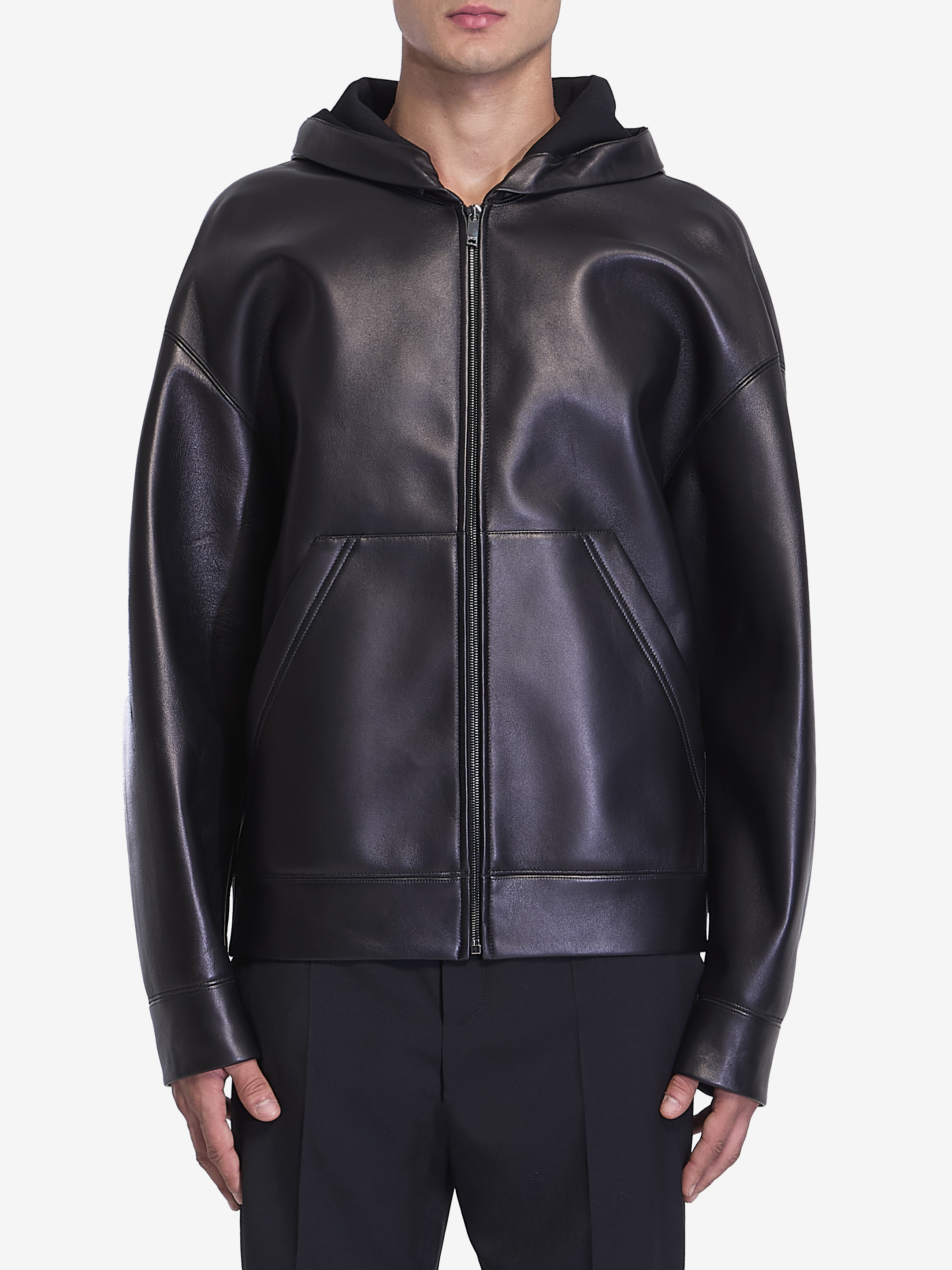 Shop Valentino Leather Hooded Jacket In Black