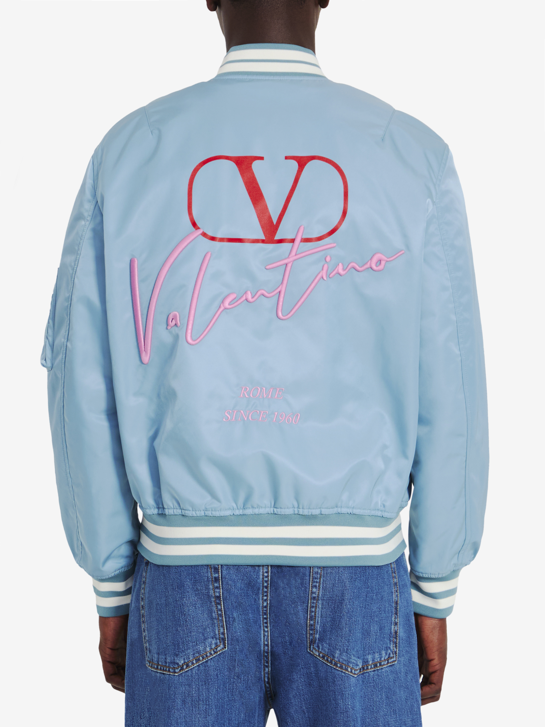 Shop Valentino Nylon Bomber Jacket In Light Blue