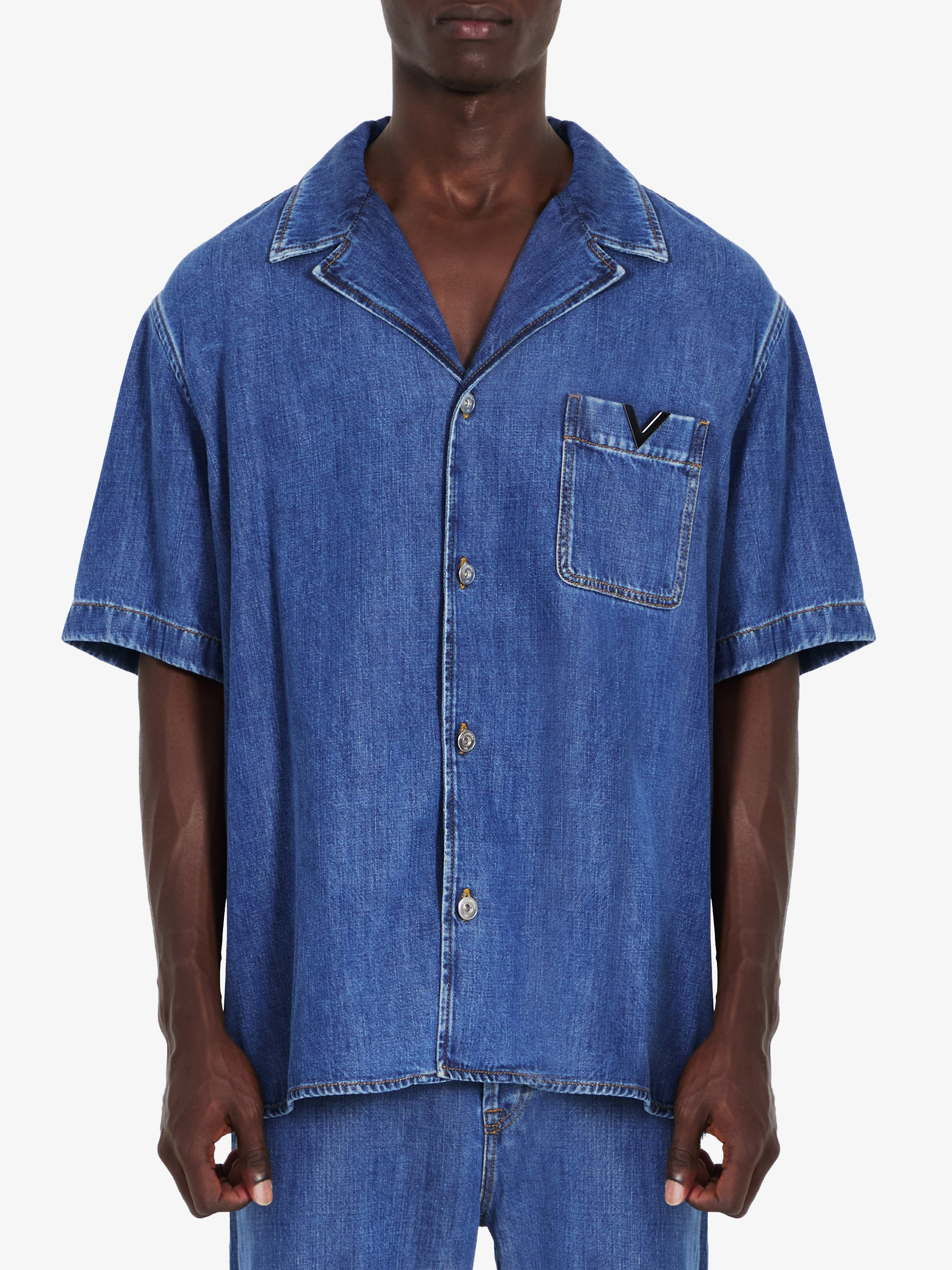 Shop Valentino Shirt With Metallic V Detail In Blue